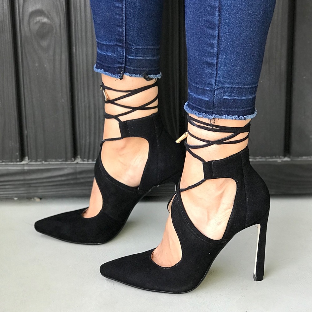 Lace Up Pointy Toe Towering Stiletto Heel Pump